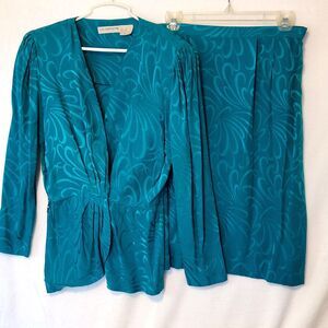 Vintage Liz Claiborne Women's 12 Silk Suit Blouse Skirt Set Green Blue Swirl 80s
